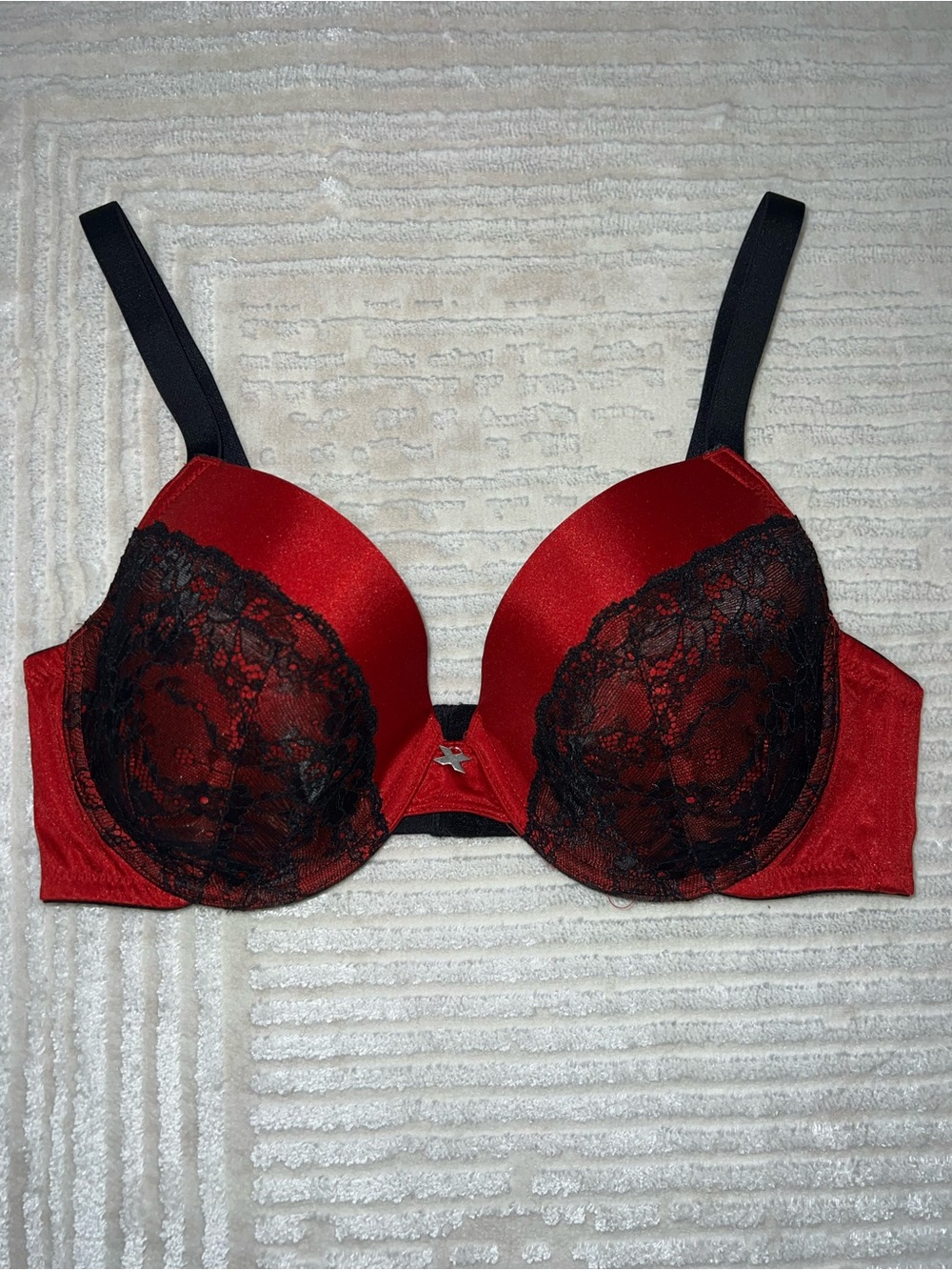 Frederick's of Hollywood Red Satin Push-Up Bra with Black Lace